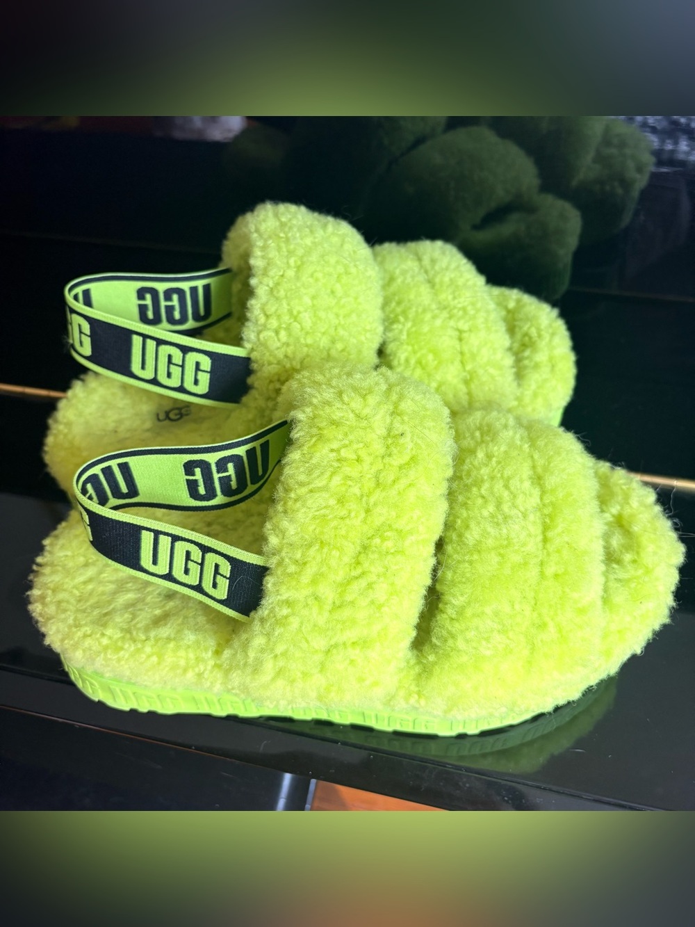 UGG Neon Yellow Fluff Slide with Branded Elastic Strap - Picture 2 of 5